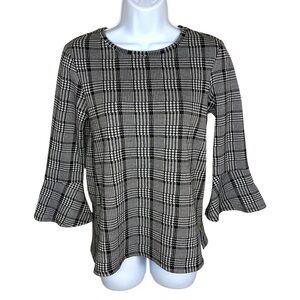 Finn And Grace Black White Houndstooth Academia Blouse Preppy Flare Sleeve